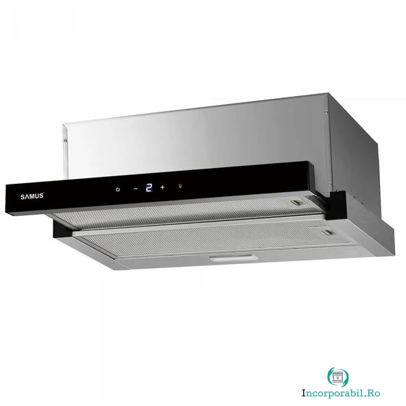 Samus Hota incorporabila Samus HS6061DTGX, 200 W, Control electronic tactil, 3 trepte, parte frontala din sticla neagra, 611 mc/h, Inox la 402.00 lei ron