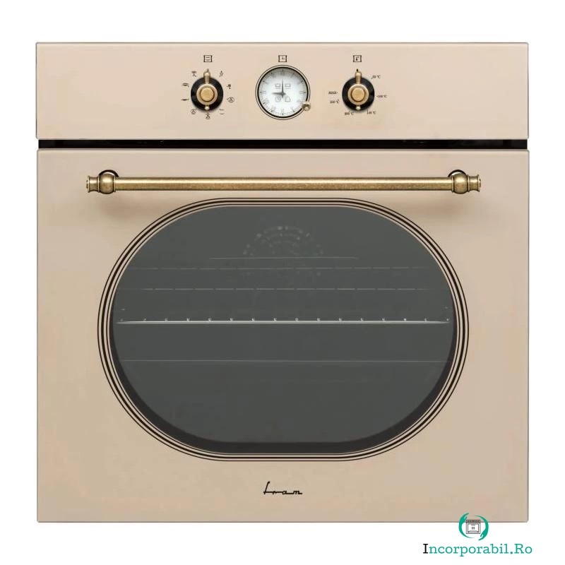 Cuptor incorporabil Fram FBO-V659GCA-RGBG, Electric, 65 l, Autocuratare catalitica, Clasa A, Timer Analog, Grill, Iluminare, Design rustic, Crem