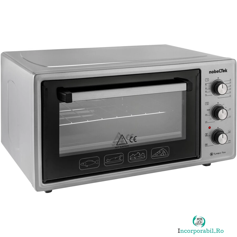 NobeLTek Cuptor electric NobeLTek NLT FSO48X, 48L, 1600W, grill, timer, termostat, sticla dubla, ventilator, iluminare, Gri-inox