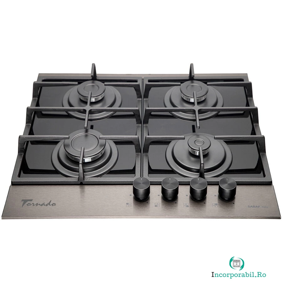 Tornado Plita incorporabila Tornado Eclipse Dark Inox, 4 arzatoare, autoaprindere integrata, supapa de siguranta, latime 60 cm