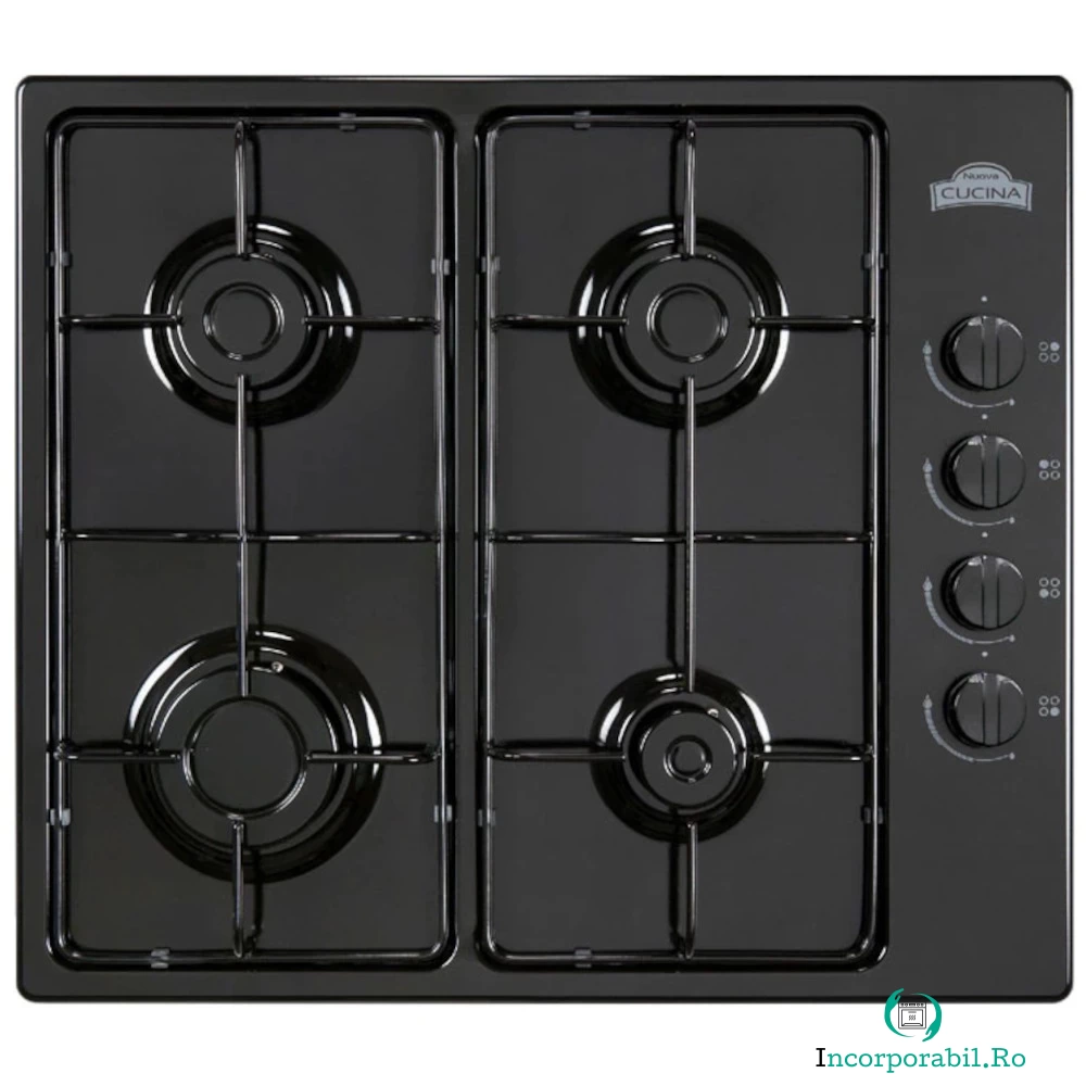 Plita Clasica Gaz Nuova Cucina PG60, Incorporabila, 4 Arzatoare, Valva de siguranta, Black