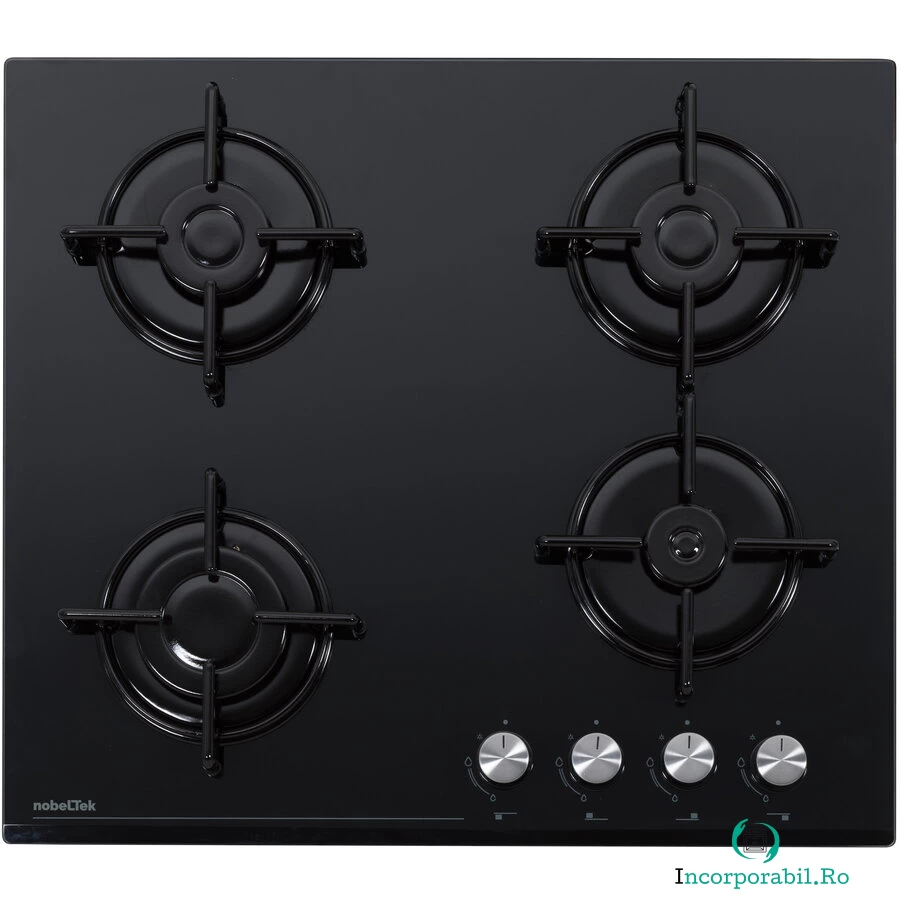 NobeLTek Plita incorporabila Nobeltek NHBG-6400BK, Gaz, 4 arzatoare, Sticla, Aprindere electrica, Gratar emailat rotund, Negru