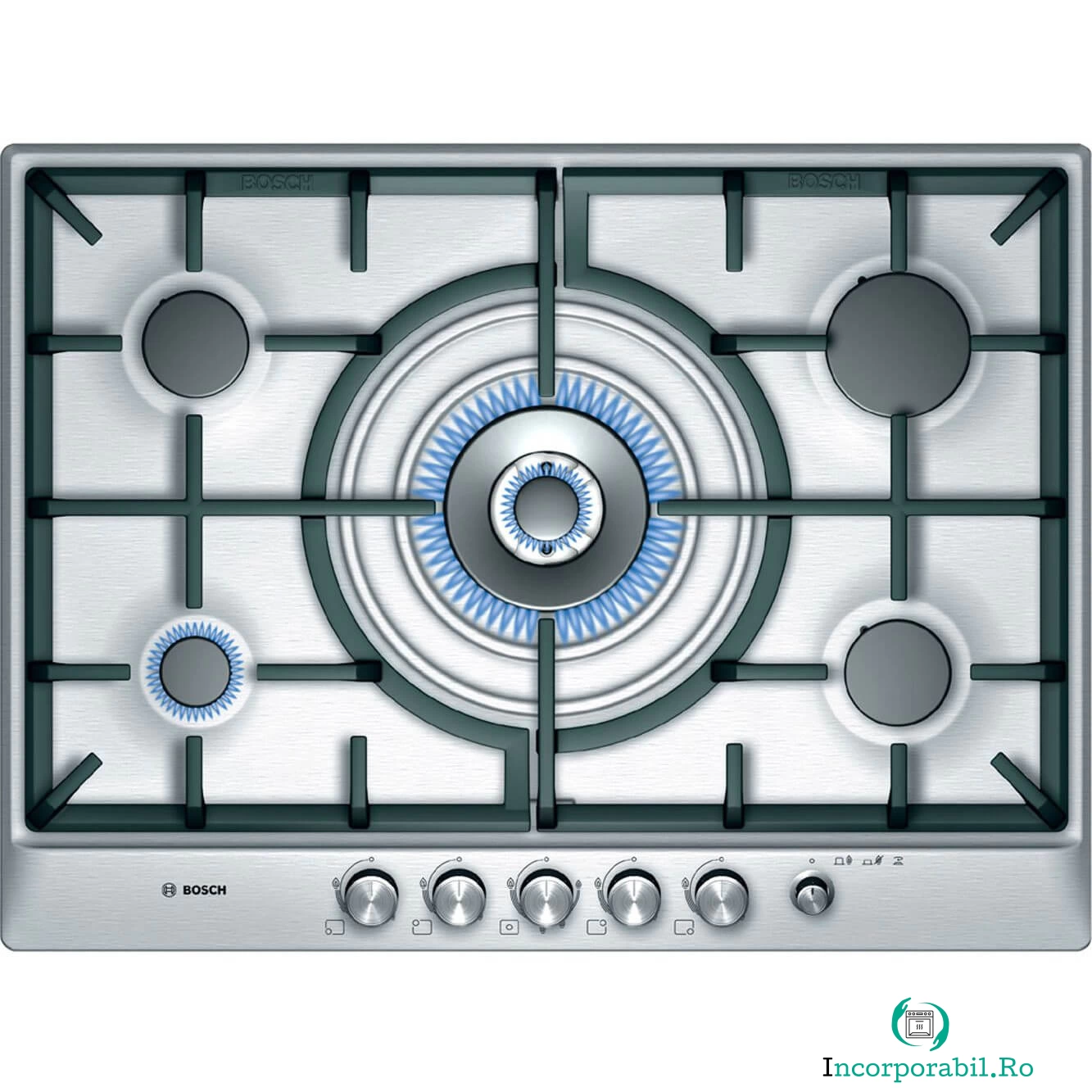 Plita incorporabila Bosch PCR715M90E, Gaz, 5 Arzatoare, Aprindere Electrica, Inox la 2,199.99 lei ron