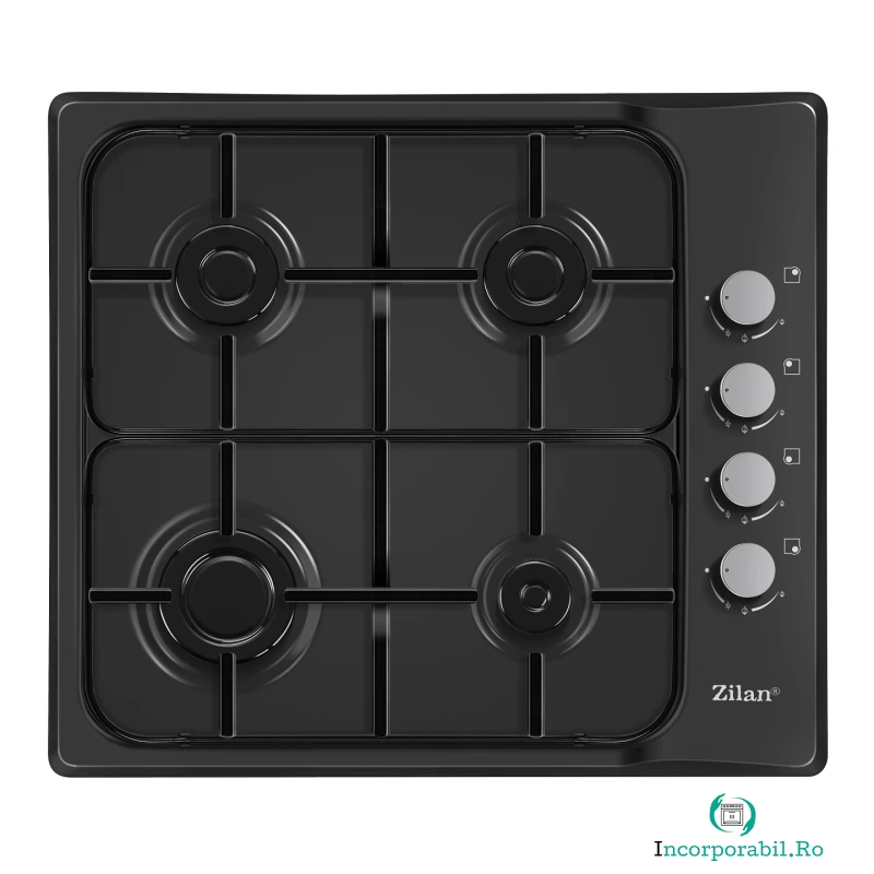 Plita incorporabila Zilan ZLN-0041,7.35 kW, 4 arzatoare, Gaz natural sau GPL, Aprindere electrica, Negru