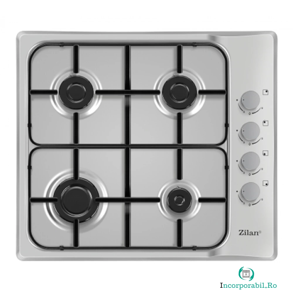 Plita incorporabila Zilan ZLN-0027, 7.35 kW, 4 arzatoare, Aprindere electrica, Gaz natural sau GPL, Inox